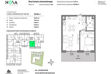 Rzut - Mieszkanie na sprzedaż 2 pokoje o powierzchni 45,36 m² - numer 60 w Nova Radiostacja