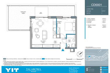 Rzut - Mieszkanie na sprzedaż 2 pokoje o powierzchni 45,24 m² - numer CD0001 w Talarowa Park