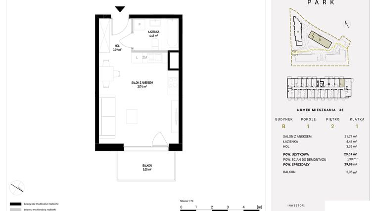 Rzut - Mieszkanie na sprzedaż 1 pokój o powierzchni 29,99 m² - numer B38 w Witosa Park