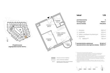 Rzut - Mieszkanie na sprzedaż 1 pokój o powierzchni 30,64 m² - numer 1.15 w OVAL SKY