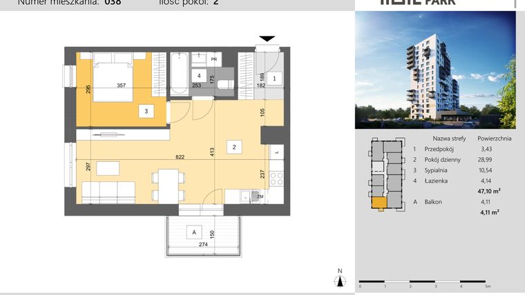 Rzut - Mieszkanie na sprzedaż 2 pokoje o powierzchni 47,1 m² - numer 38 w Dworzysko Park - Etap III