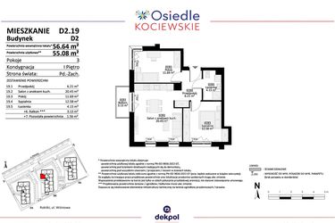 Rzut - Mieszkanie na sprzedaż 3 pokoje o powierzchni 55,08 m² - numer D2.19 w Osiedle Kociewskie etap IV