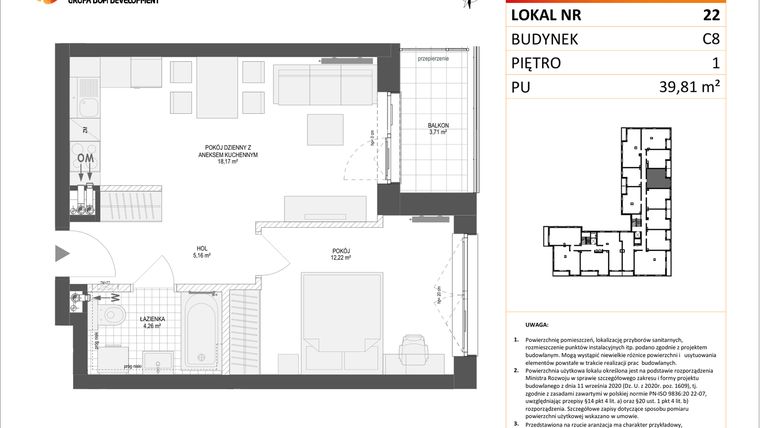 Rzut - Mieszkanie na sprzedaż 2 pokoje o powierzchni 39,81 m² - numer C8.22 w Konstelacja etap IV