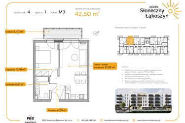 Rzut - Mieszkanie na sprzedaż 2 pokoje o powierzchni 42,5 m² - numer 4/M/1/3 w Osiedle Słoneczny Łąkoszyn bud. 4
