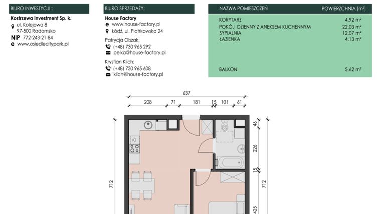 Rzut - Mieszkanie na sprzedaż 2 pokoje o powierzchni 43,15 m² - numer 19 w Osiedle City Park