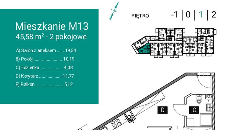 Rzut - Mieszkanie na sprzedaż 2 pokoje o powierzchni 45,58 m² - numer M13 w Nowe Stawki