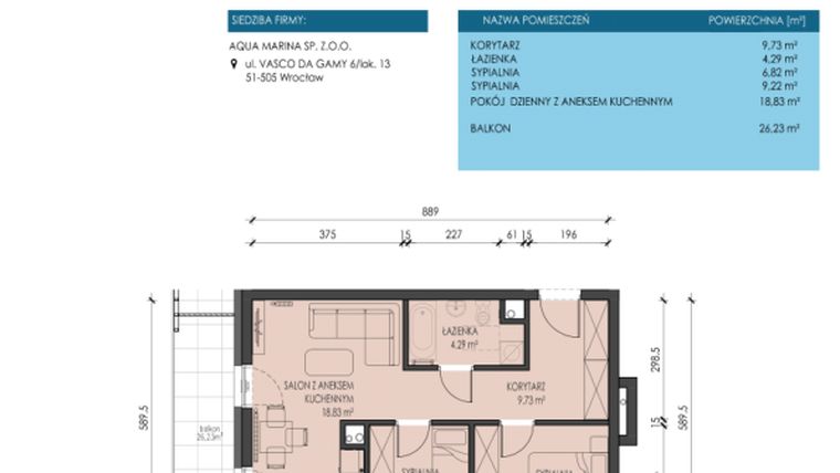 Rzut - Mieszkanie na sprzedaż 3 pokoje o powierzchni 48,89 m² - numer A01 w Apartamenty Aqua Marina