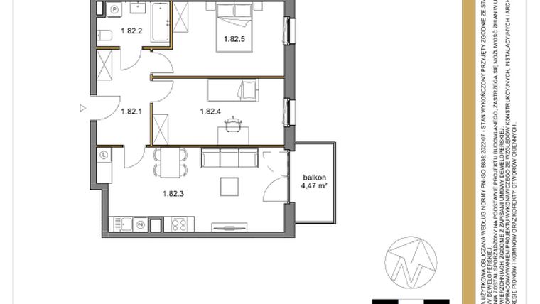 Rzut - Mieszkanie na sprzedaż 3 pokoje o powierzchni 62,7 m² - numer 82 w Osiedle Sfera etap II