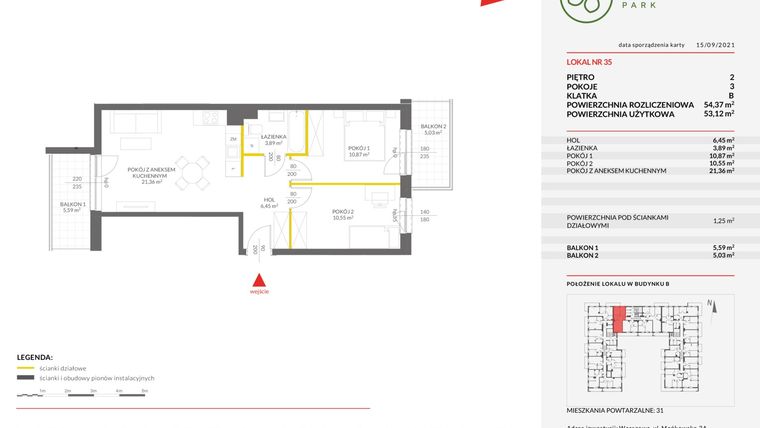 Rzut - Mieszkanie na sprzedaż 3 pokoje o powierzchni 54,37 m² - numer 35B w Olchowy Park IV