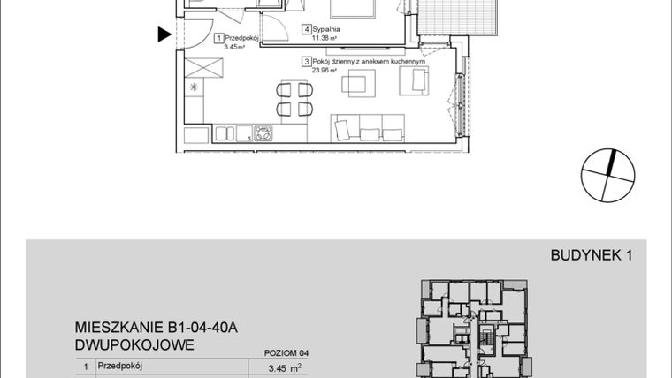 Rzut - Mieszkanie na sprzedaż 2 pokoje o powierzchni 43,19 m² - numer B1-04-40A w Nowa Francuska