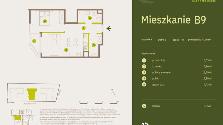 Rzut - Mieszkanie na sprzedaż 2 pokoje o powierzchni 47 m² - numer B9 w Osiedle Imbramowskie