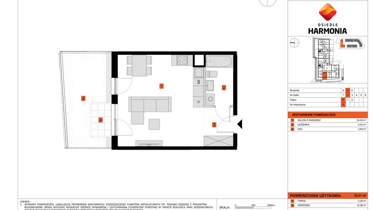 Rzut - Mieszkanie na sprzedaż 1 pokój o powierzchni 32,51 m² - numer B.4 w Osiedle Harmonia