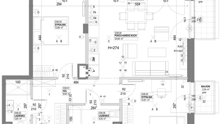Rzut - Mieszkanie na sprzedaż 3 pokoje o powierzchni 68,36 m² - numer O38 w Miasto Ogród 6 - OSLO i SZTOKHOLM