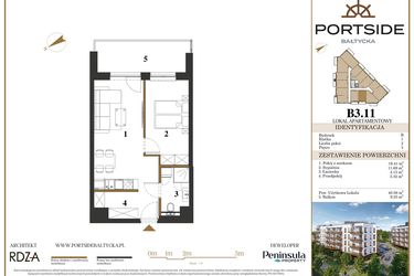 Rzut - Mieszkanie na sprzedaż 2 pokoje o powierzchni 40,56 m² - numer B3.11 w Portside Bałtycka