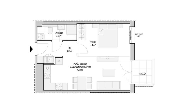 Rzut - Mieszkanie na sprzedaż 2 pokoje o powierzchni 42 m² - numer WO/T/13/53 w Wiszące Ogrody