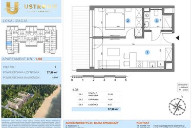 Rzut - Mieszkanie na sprzedaż 1 pokój o powierzchni 37,96 m² - numer 1.8 w Ustronie Luxury Apartments