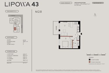 Rzut - Mieszkanie na sprzedaż 2 pokoje o powierzchni 38,57 m² - numer M.2.8 w Lipowa 43