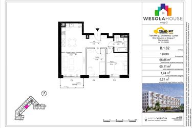 Rzut - Mieszkanie na sprzedaż 3 pokoje o powierzchni 65,11 m² - numer B.1.62 w Wesoła House Etap II
