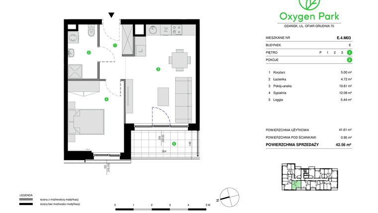 Rzut - Mieszkanie na sprzedaż 2 pokoje o powierzchni 42,56 m² - numer E.4.M03 w Oxygen Park etap III