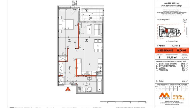 Rzut - Mieszkanie na sprzedaż 2 pokoje o powierzchni 51,47 m² - numer B.06.01 w Domaniewska 24