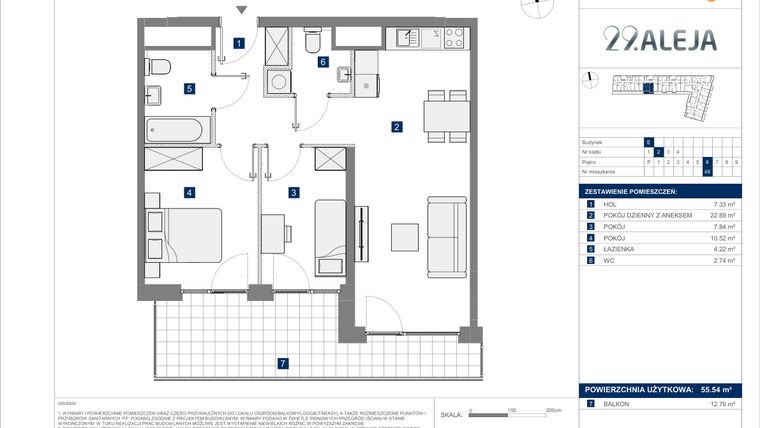 Rzut - Mieszkanie na sprzedaż 2 pokoje o powierzchni 43,68 m² - numer E.47 w 29. Aleja etap 2