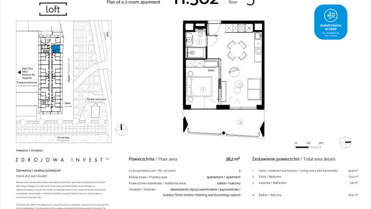 Rzut - Mieszkanie na sprzedaż 2 pokoje o powierzchni 38,2 m² - numer H.502 w Baltic Park Loft
