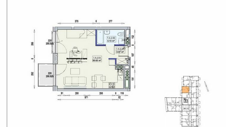 Rzut - Mieszkanie na sprzedaż 1 pokój o powierzchni 37,83 m² - numer 1/5/2/1a w Gwarna