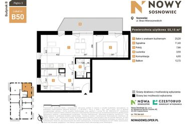 Rzut - Mieszkanie na sprzedaż 3 pokoje o powierzchni 55,15 m² - numer 50 w Nowy Sosnowiec