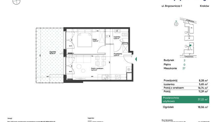 Rzut - Mieszkanie na sprzedaż 2 pokoje o powierzchni 37,22 m² - numer 2_M27 w U Przybyszewskiego etap 4