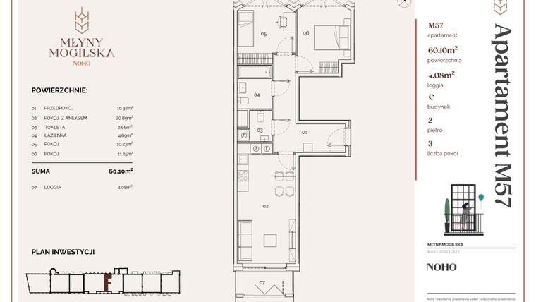 Rzut - Mieszkanie na sprzedaż 3 pokoje o powierzchni 60,1 m² - numer C.57 w Młyny Mogilska