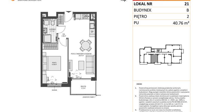 Rzut - Mieszkanie na sprzedaż 2 pokoje o powierzchni 40,76 m² - numer B21 w Przystań Brzeźno etap 1.2