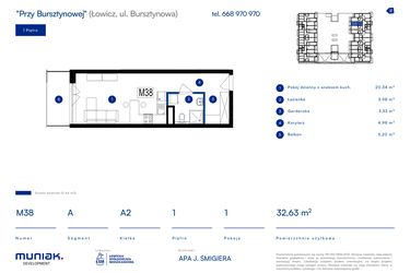 Rzut - Mieszkanie na sprzedaż 1 pokój o powierzchni 32,63 m² - numer 38A w Przy Bursztynowej