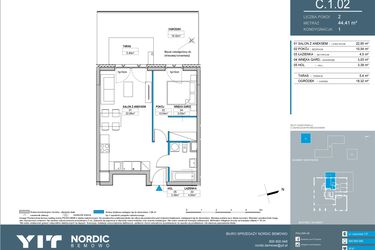 Rzut - Mieszkanie na sprzedaż 2 pokoje o powierzchni 44,41 m² - numer C.1.02 w Nordic Bemowo - etap IV
