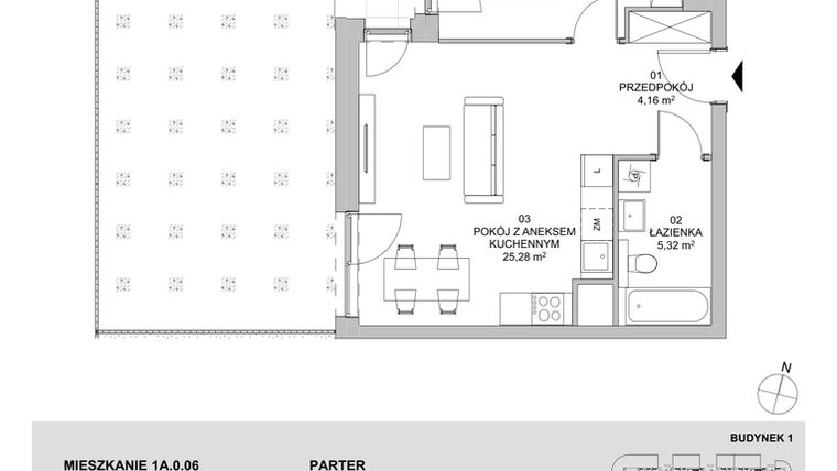Rzut - Mieszkanie na sprzedaż 2 pokoje o powierzchni 46,65 m² - numer 1A.0.06 w Francuska Park VIIIB