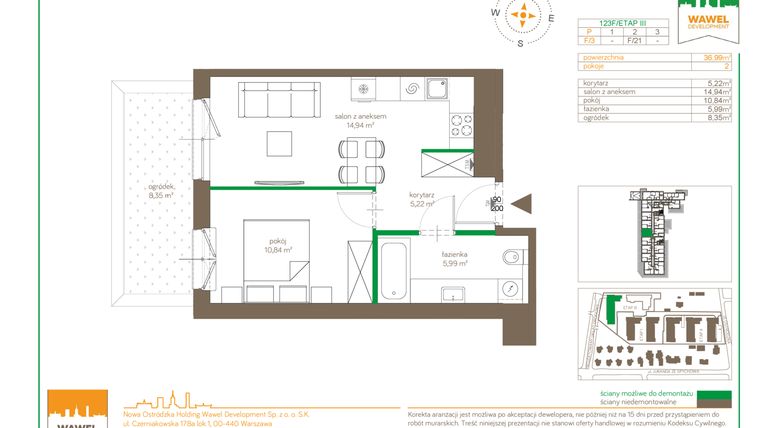 Rzut - Mieszkanie na sprzedaż 2 pokoje o powierzchni 36,99 m² - numer F/3 w Ostródzka 123 - III etap