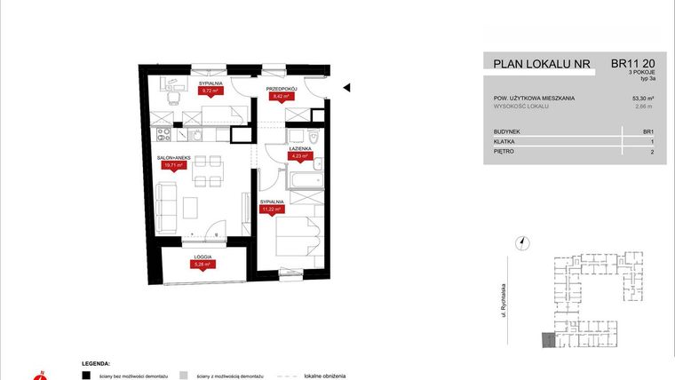 Rzut - Mieszkanie na sprzedaż 3 pokoje o powierzchni 53,3 m² - numer BR11/20 w Browary Wrocławskie 2