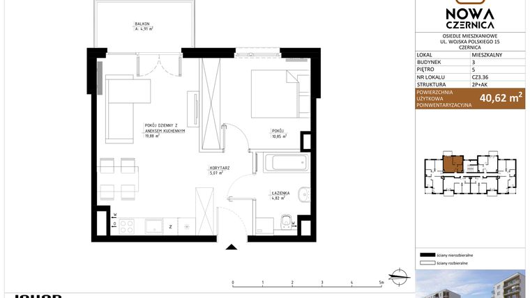 Rzut - Mieszkanie na sprzedaż 2 pokoje o powierzchni 40,62 m² - numer CZ3.36 w Nowa Czernica - etap II