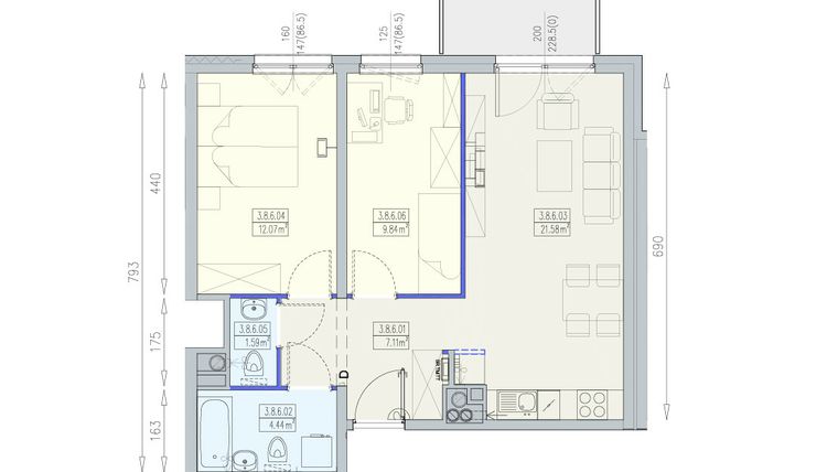Rzut - Mieszkanie na sprzedaż 3 pokoje o powierzchni 56,63 m² - numer K1 3/8/6/3a w Południk 17 - budynek K1