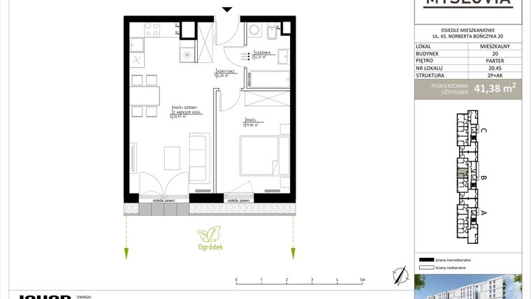 Rzut - Mieszkanie na sprzedaż 2 pokoje o powierzchni 41,38 m² - numer M.LM.20.45 w Myslovia