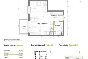 Rzut - Mieszkanie na sprzedaż 1 pokój o powierzchni 32,98 m² - numer E3.02.19 w Południe Vita