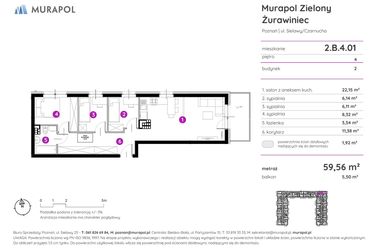 Rzut - Mieszkanie na sprzedaż 4 pokoje o powierzchni 59,29 m² - numer 2.B.4.01 w Murapol Zielony Żurawiniec