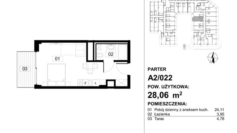 Rzut - Mieszkanie na sprzedaż 1 pokój o powierzchni 29,1 m² - numer 22 w Apollo Resort