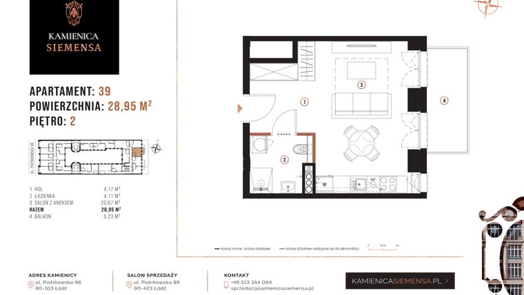 Rzut - Mieszkanie na sprzedaż 1 pokój o powierzchni 28,95 m² - numer 39 w Kamienica Siemensa