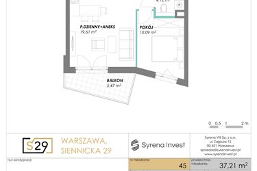 Rzut - Mieszkanie na sprzedaż 2 pokoje o powierzchni 37,21 m² - numer 45 w Siennicka 29