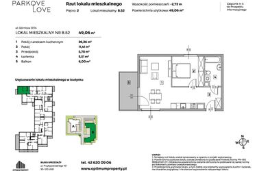 Rzut - Mieszkanie na sprzedaż 2 pokoje o powierzchni 49,06 m² - numer B.52 w Parkove Love