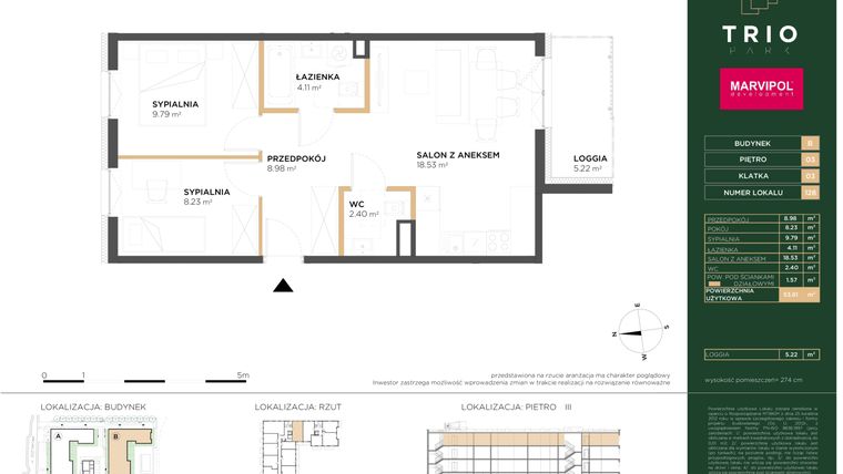 Rzut - Mieszkanie na sprzedaż 3 pokoje o powierzchni 53,61 m² - numer B128 w Trio Park