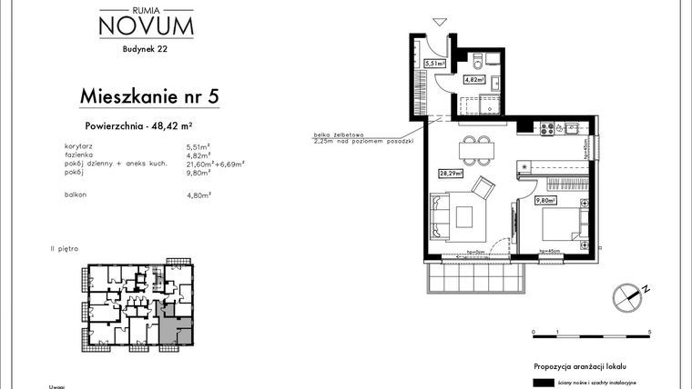 Rzut - Mieszkanie na sprzedaż 2 pokoje o powierzchni 48,42 m² - numer B22.M5 w Novum Rumia - bud. 22