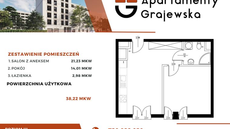 Rzut - Mieszkanie na sprzedaż 2 pokoje o powierzchni 40,13 m² - numer M-16 w Apartamenty Grajewska