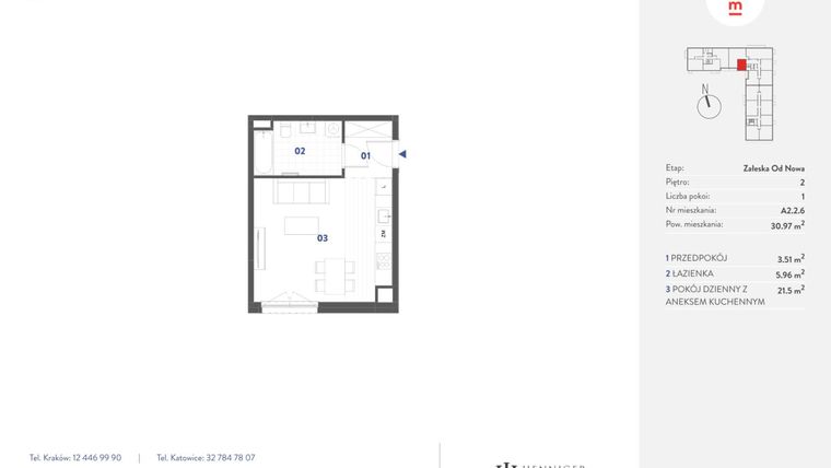 Rzut - Mieszkanie na sprzedaż 1 pokój o powierzchni 30,97 m² - numer A2.2.6 w Mieszkaj w Mieście - Załęska od Nowa