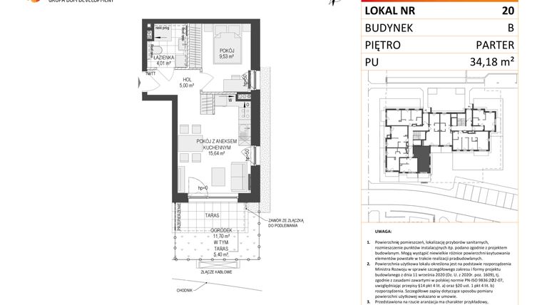 Rzut - Mieszkanie na sprzedaż 2 pokoje o powierzchni 34,18 m² - numer B.20 w Osiedle Warszawska etap III